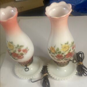 Vintage hobnail milk glass turn key Floral Accent Lamps - Pink and White